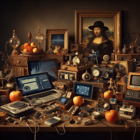 Screens on a table in the style of Renaissance still life painting.